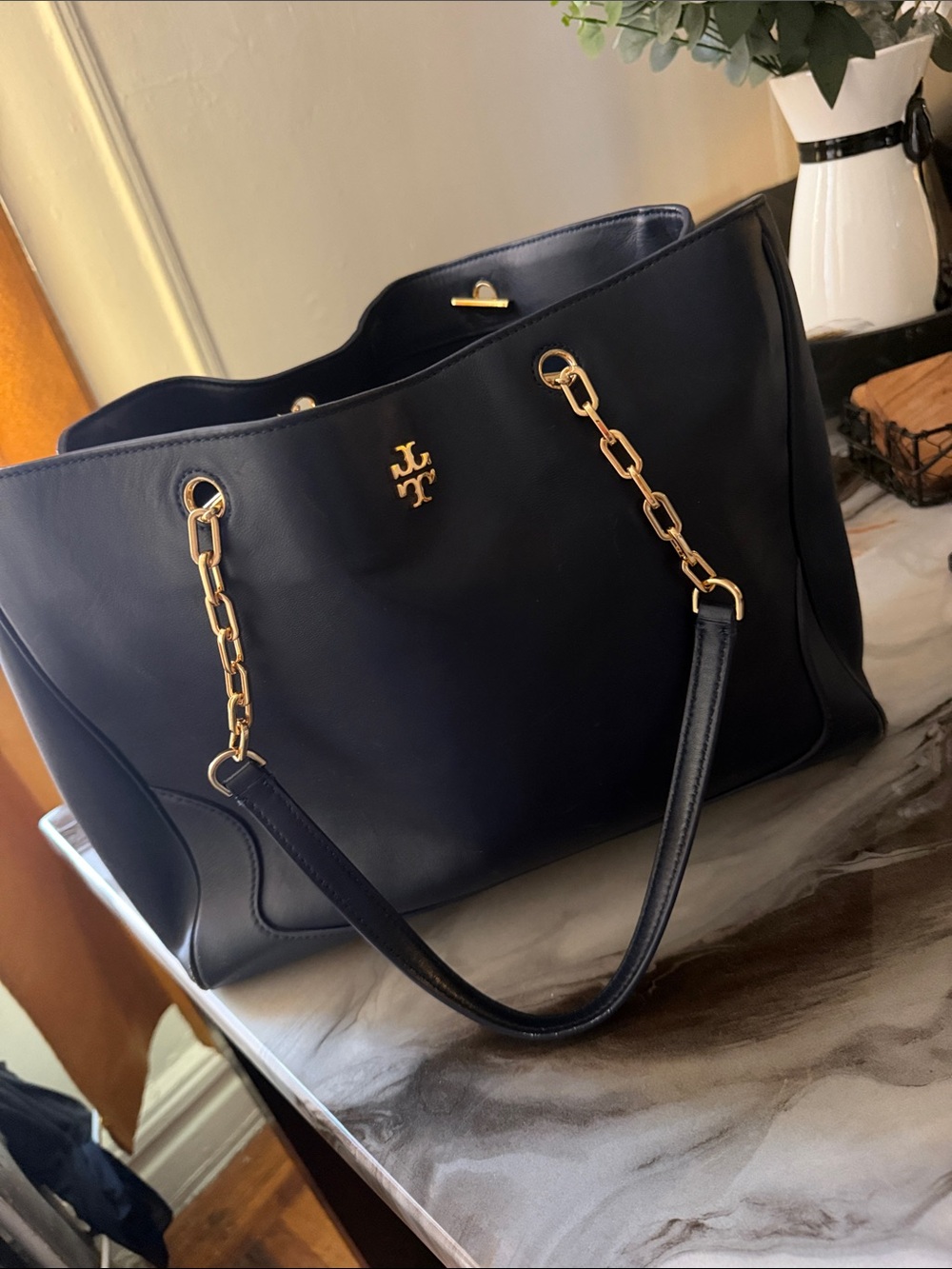 Tory Burch Navy Leather Chain-Handle Tote